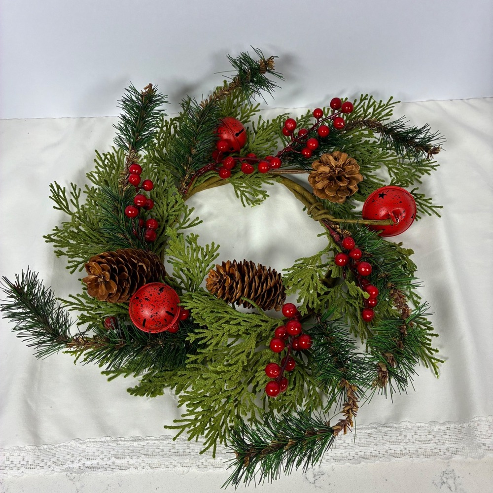 Christmas Wreath Berry Pinecone Jingle Bell Rustic Farmhouse Cabin Door Decor